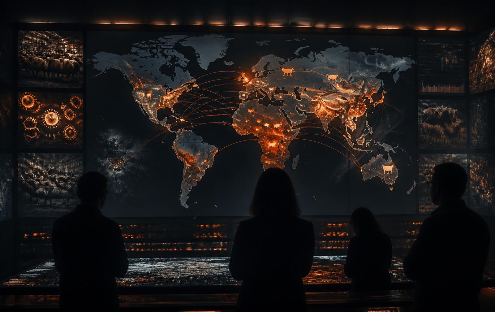 Analysts reviewing a global disease and trade map